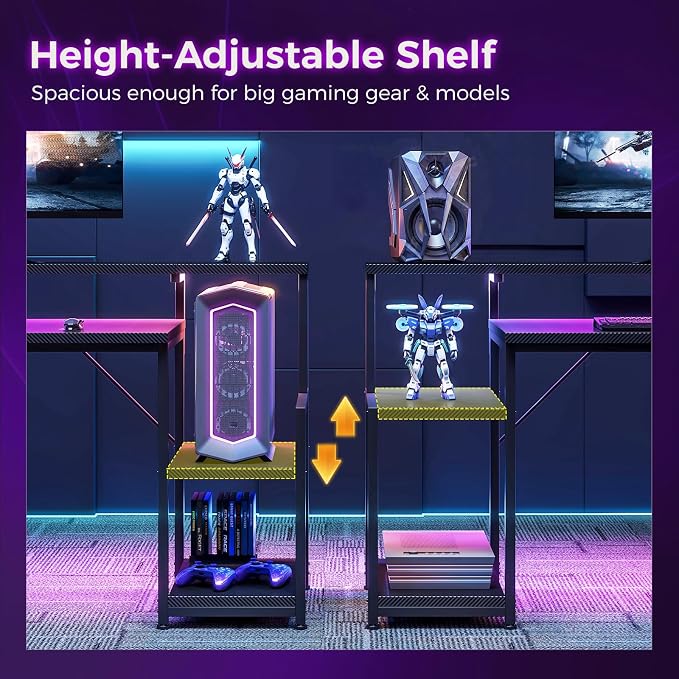 AODK 48 Inch Gaming Desk with LED Lights, Computer Desk with Storage Shelves, Reversible Desk with Monitor Stand, Carbon Fiber Black