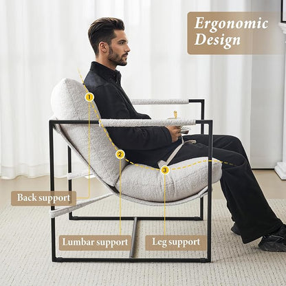 Furnilivng Large Sling Accent Chair, Comfortable Boucle Fabric Arm Chair, Upholstered Cozy Reading Chair for Living Room, Bedroom, Dressing Room, Home Office (White, Set of 1)