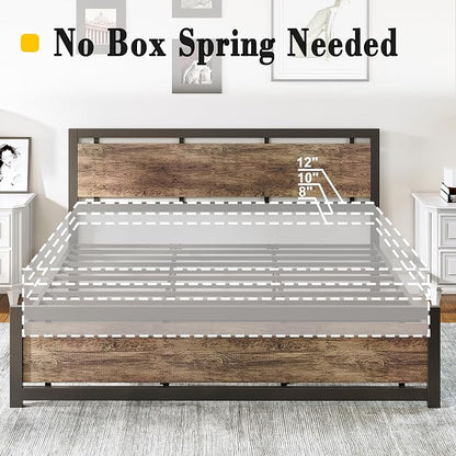 LIKIMIO King Bed Frame with Headboard and Footboard, Metal Strong Supports, Easy Assembly, Noise-Free, No Box Spring Needed, Walnut