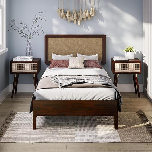 Bme Nipe 14 Inch Deluxe Bed Frame with Adjustable Headboard - Rustic & Bohemian Unique Style with Acacia Wood - No Box Spring Needed - 12 Strong Wood Slat Support - Easy Assembly - Twin, Walnut