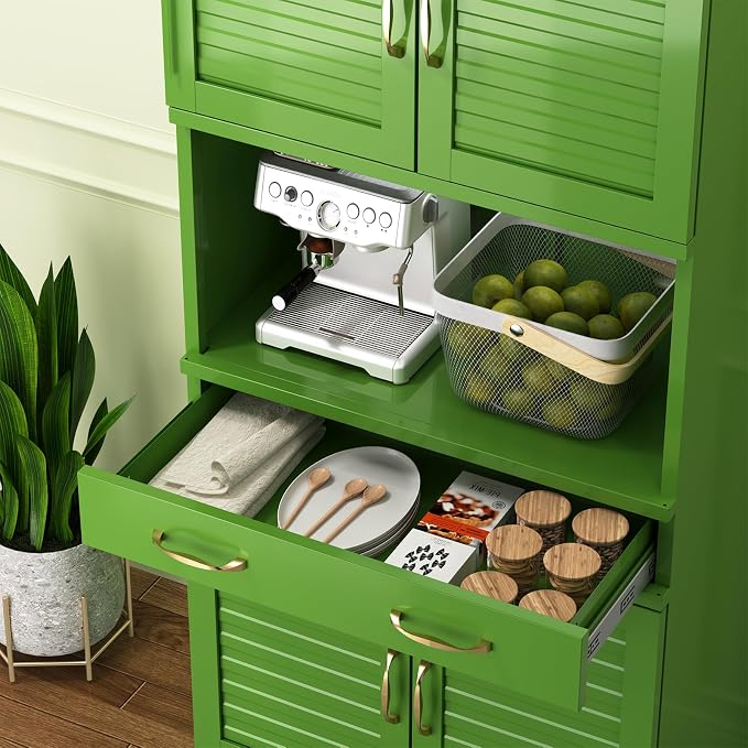 Kitchen Pantry Cabinet with Drawer - Freestanding Storage Cabinet | Furniture-Inspired Storage with Modern Louvered Design,120 lb Adjustable Shelves with Steel Durability