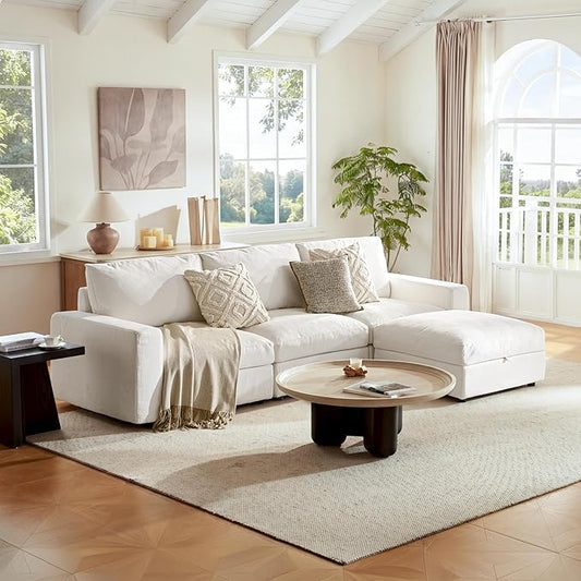 Cloud Couch Sectional 113.2'' Oversized Modular Deep Seat Sofa L Shaped Comfy White Cloud Couch with Washable Cover for Living Room 3 Seater with 1 Ottoman