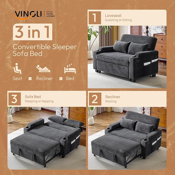 VINGLI Dark Gray Futon Sofa Bed Convertible Loveseat Sleeper Sofa Couch, Corduroy Pullout Sofa Fold Out Couch Bed with USB Ports, Cup Holders, Armrest for Living Room, Bedroom Apartment Room