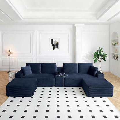 ivoros 150 Inch Modular Sectional Sofa Couch, Oversized Modern Cloud Couch for Living Room, U Shape Couches with 2 Ottomans, USB Ports and Cup Holders, Blue Corduroy Boneless Sofas,Sofa in a Box