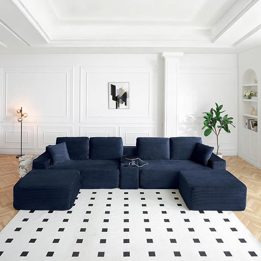 ivoros 150 Inch Modular Sectional Sofa Couch, Oversized Modern Cloud Couch for Living Room, U Shape Couches with 2 Ottomans, USB Ports and Cup Holders, Blue Corduroy Boneless Sofas,Sofa in a Box