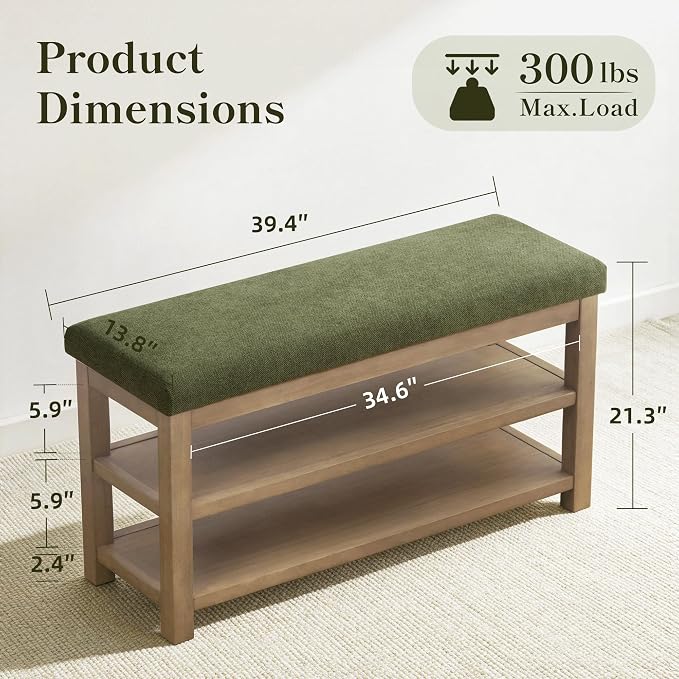 Zihanhome 2 Tier Shoe Rack Bench with Cushion, Solid Wood Shoe Benches, Mid-Century Modern Shoe Storage Bench for Entryway, Hallway, Living Room, Closet, Front Door Entrance, (Green, 39.4")