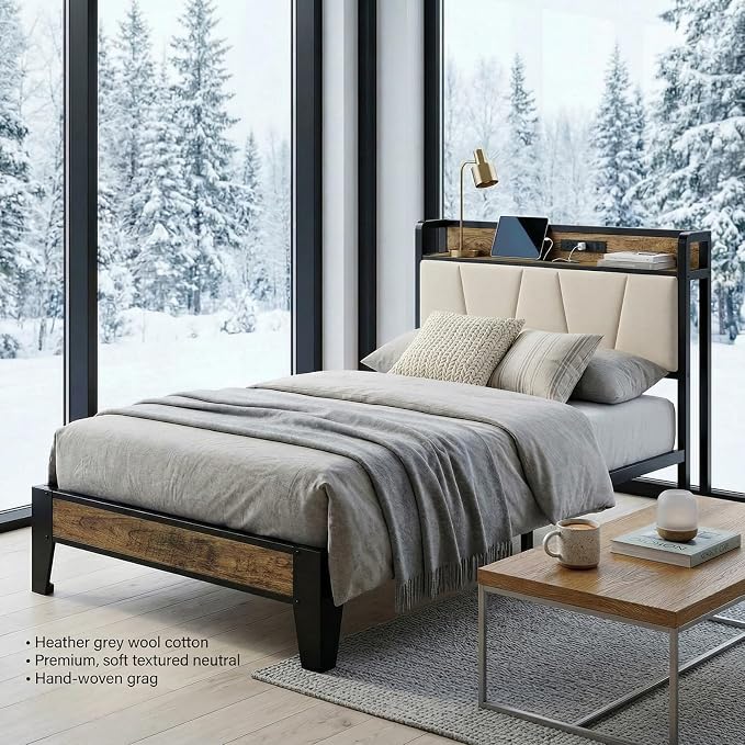 LIKIMIO Twin Bed Frames with Storage Headboard & Charging Station | Upholstered Headboard, Storage Shelf, Solid and Stable, Noise Free, No Box Spring Needed, Easy Assembly (Walnut and Beige)