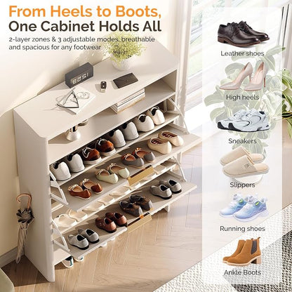 VINGLI White Slim Shoe Cabinet with Curved Edges, Modern Hidden Shoe Storage Organizer with 2 Flip Drawers & Open Shelf, Narrow White Shoe Cupboard with Fluted Panel & Anti-Tip Kit, 32.7" W