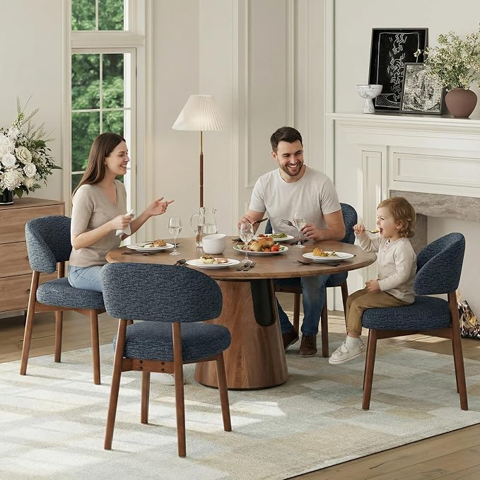 MALOL Wooden Dining Chairs Set of 6, Modern Upholstered Dining Room Chair, Fabric Kitchen Side Chairs with Curved Open Back for Living Room/Restaurant/Cafe, Dark Blue