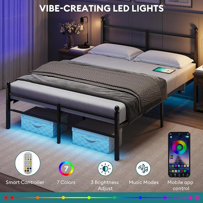 Full Size Bed Frame with Headboard - Metal Platform Bed with LED Lights, Charging Station, Under Bed Storage and Heavy Duty Steel Slats Support - No Box Spring Needed, Easy Assembly, Black