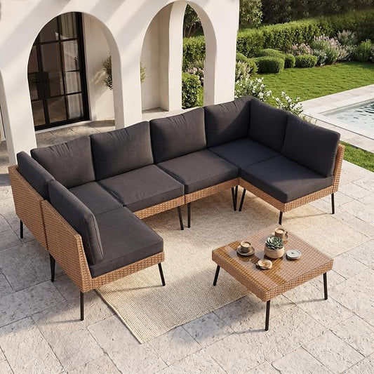 Aoxun 7-Piece Patio Furniture Set, Wicker Outdoor Furniture with Water Resistant Thick Cushions, Patio Conversation Set Outdoor Sectional Sofa with Coffee Table for Backyard Poolside, Black