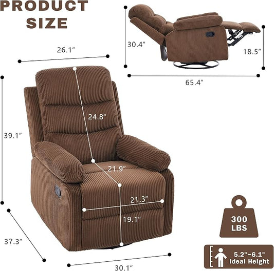 Rocking Recliner Chair,Modern Swivel Glider Recliner Chair,Corduroy Fabric Upholstery Recliner,Manual Reclining Sofa Chair for Living Room,Office,Apartment (Brown)