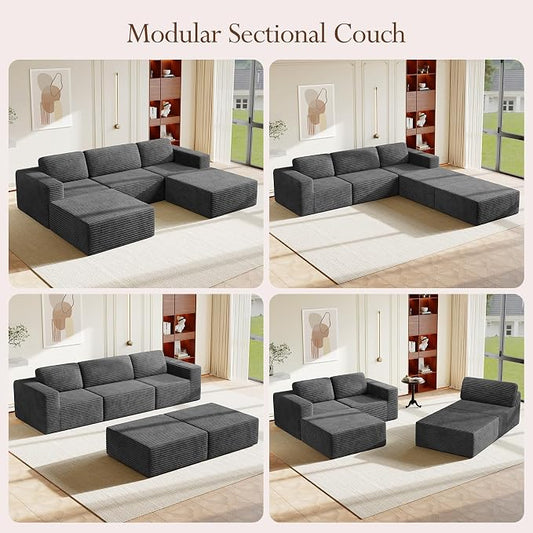 Vesgantti 119" Oversized U-Shaped Modular Sectional Sofa, Corduroy Cloud Couch with Deep Seating & Spring Support, Convertible Sofa with 2 Ottomans, Boneless Couch, No Assembly Required, Grey