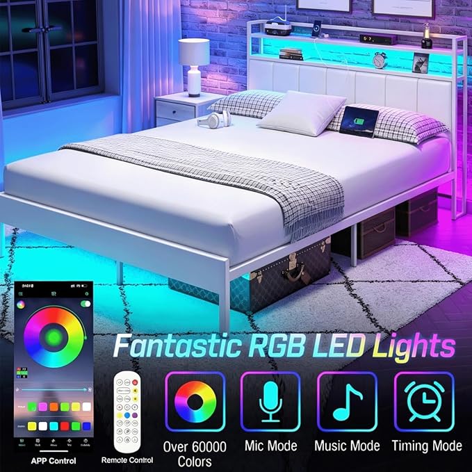 Full Size Bed Frame with Upholstered Headboard and 2-Tier Storage Shelves | Metal / Charging Station / LED Lights / Under Bed Storage / Non-slip/ Noise Free / No Box Spring Needed / White