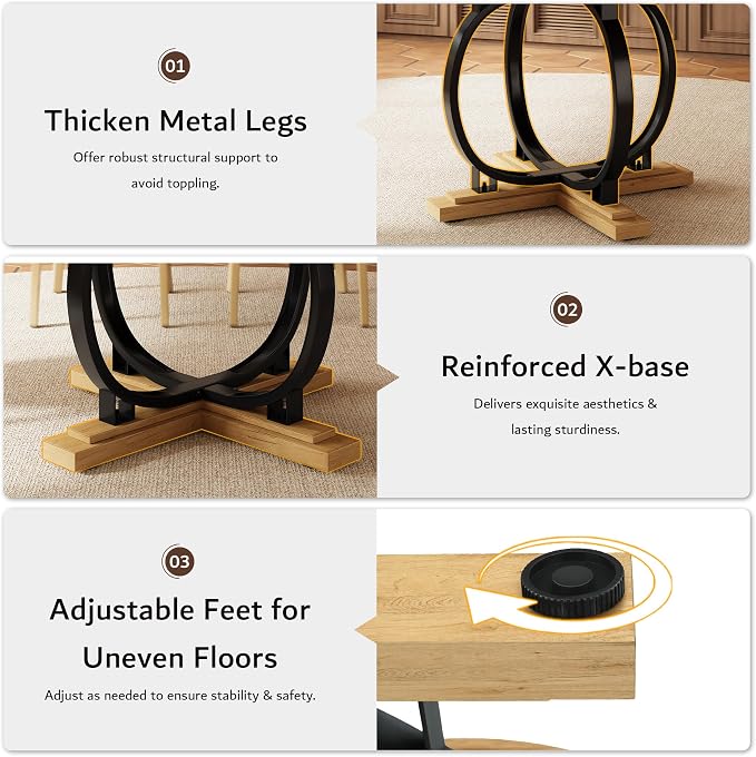 iPormis 59'' Extendable Round Dining Table for 4 to 6, Kitchen Table with Sturdy X-Base Metal Legs, MDF Board with Backboard Clasp, Space Saving, Easy Assembly, Kitchen, Dining Room, Oak