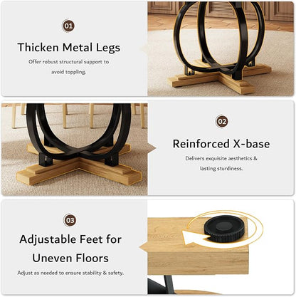 iPormis 59'' Extendable Round Dining Table for 4 to 6, Kitchen Table with Sturdy X-Base Metal Legs, MDF Board with Backboard Clasp, Space Saving, Easy Assembly, Kitchen, Dining Room, Oak