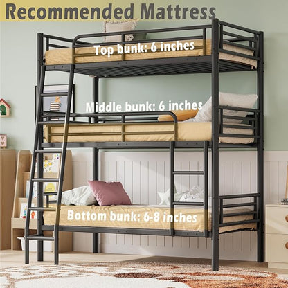 Metal Triple Bunk Bed,Twin Over Twin Bunk Bed for 3, 3 Beds with Guardrail & Ladder, Heavy Duty Triple Bed Frame for Kids Teenagers/Adults, Converts to 3 Separate Twin Beds, No Box Spring Needed