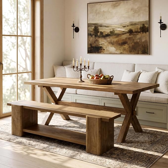 LITTLE TREE Wood Entryway Bench, 63" End of Bed Bench with Storage Shelf, Farmhouse Extra Long Shoe Bench for Entryway, Dining Room, Hallway, Living Room, Bedroom, Double-Reinforced Legs, Natural Oak