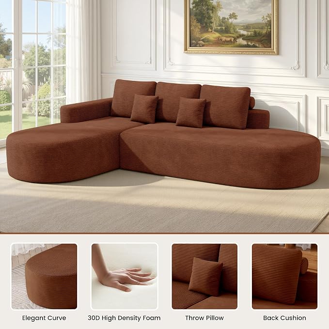 112" Modular Curved Sofa, Oversized Couches for Living Room, Modern Cloud Couch with Deep Seat, Corduroy Foam Couch, No Assembly Required, Red Brown, 1PCS