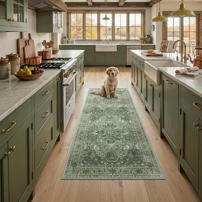 RELEANY Area Rugs Runner 3'x6' Washable Non-Slip, Floral Vintage Distress Medallion Carpet for Kitchen Hallway Bedroom Beside Laundry Room Bathroom, Dark Green Gray