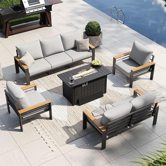 Aoxun Patio Furniture Set, Aluminum Patio Set with Fire Pit Table and 5" Thicken & Washable Cushion, Waterproof Outdoor Furniture, Outdoor Couch Sectional for Backyard (7 Seats/F, Grey)