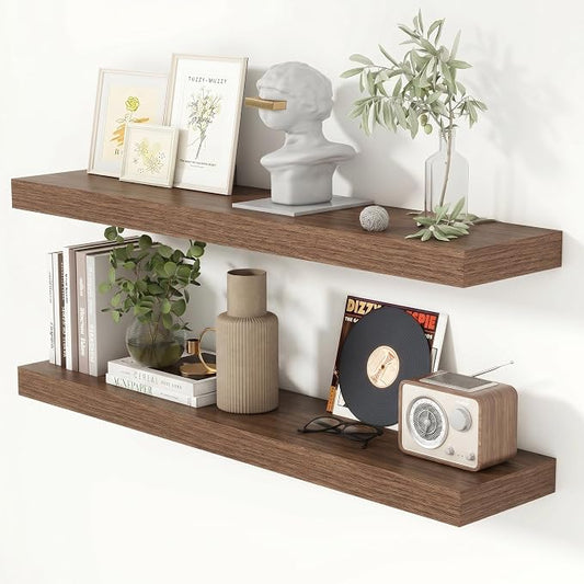 Heimlove 40 Inch Floating Shelves for Wall 8 Inch Deep Walnut Shelves Set of 2,Wall Mounted Rustic Wood Long Floating Shelf with Invisible Brackets for Bedroom Kitchen Living Room