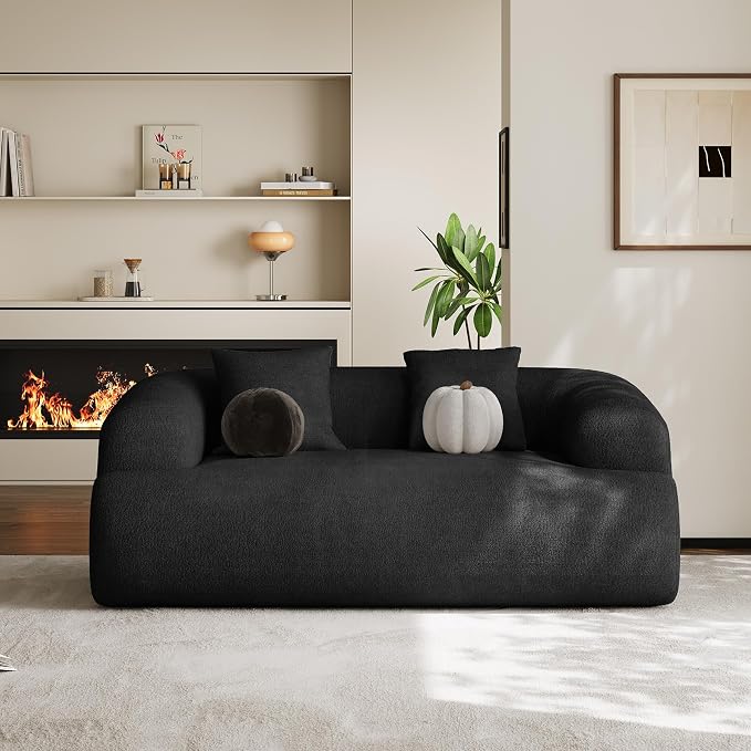 Half Moon Curved Sectional Sofa with 2 Throw Pillows, Modern Style 2-Seater Chenille Leisure Couch with Curved Backrest, Easy Assembly, for Apartment, Living Room, Bedroom, Black （76 inch）