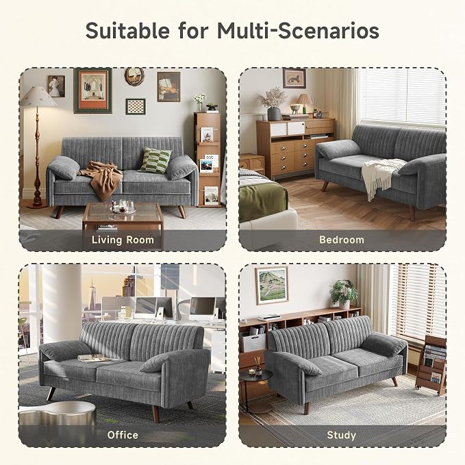 ONBRILL 64.5" Loveseat Sofa, Chenille Loveseat Couch for Living Room, 23.2" Deep Seat Love Seat with Padded Arms, Comfy Modern Small Couches for Bedroom, Small Spaces, Dorms, Office, Grey