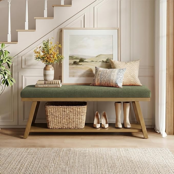 Zihanhome 45" Entryway Bench Upholstered Storage Bench for Bedroom Shoe Rack Bench for Living Room, Hallway, Mudroom, Balcony, Sturdy Indoor Bench Seat Holds Up to 300 lbs (Green)