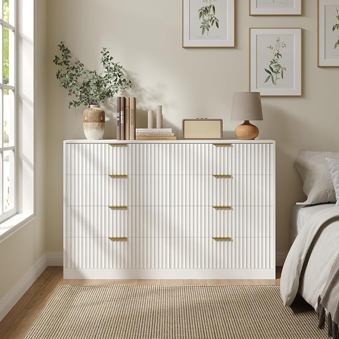 White 8 Drawer Dresser for Bedroom, 55" Wide Fluted Chest of Drawers with Gold Metal Handles, Modern Wooden Dresser, Closet Storage Organizer Mid Century TV Stand for Living Room Hallway