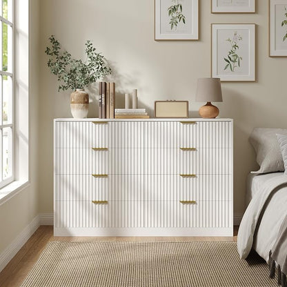 White 8 Drawer Dresser for Bedroom, 55" Wide Fluted Chest of Drawers with Gold Metal Handles, Modern Wooden Dresser, Closet Storage Organizer Mid Century TV Stand for Living Room Hallway