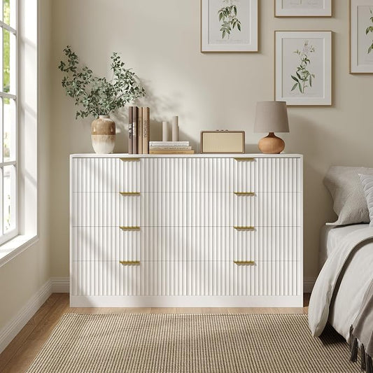 White 8 Drawer Dresser for Bedroom, 55" Wide Fluted Chest of Drawers with Gold Metal Handles, Modern Wooden Dresser, Closet Storage Organizer Mid Century TV Stand for Living Room Hallway
