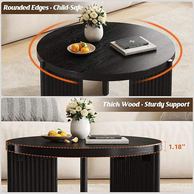 Luoxiao Round Coffee Table for Living Room, 31.5" Black Fluted Coffee Table | Modern Wood Accent Table with Ribbed Base, Sturdy for Family, Apartments, Sectionals, Easy Assembly, Non-Slip Foot Pads