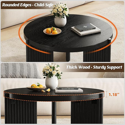 Luoxiao Round Coffee Table for Living Room, 31.5" Black Fluted Coffee Table | Modern Wood Accent Table with Ribbed Base, Sturdy for Family, Apartments, Sectionals, Easy Assembly, Non-Slip Foot Pads