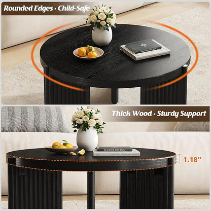 Luoxiao Round Coffee Table, 27.5" Fluted Coffee Tables for Living Room | Small Wood Accent Table for Apartment, Ribbed Base, Sturdy Construction, Easy Assembly, Non-Slip Foot Pads, Modern, Black