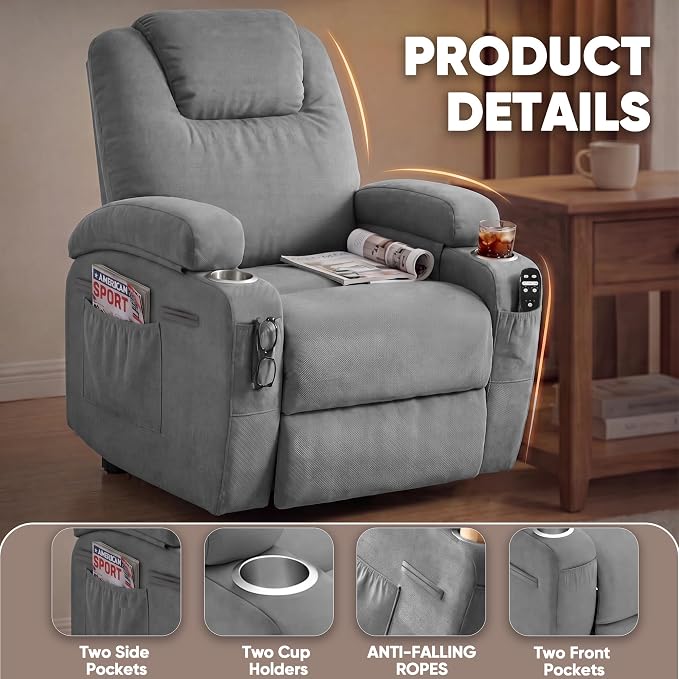 Flamaker Power Lift Chair Massage Recliner Chairs for Elderly - Ergonomic Design with Cup Holders & Side Pockets, Remote Control (Gray)