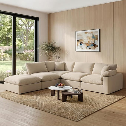 143" Cloud Modular Sectional Sofa,Khaki Down Filled Sofa 4 Seat with Chaise,Minimalist Sofa Cover Washable and Replaceable Couches for Living Room,Sectional Sofa Deep Seat