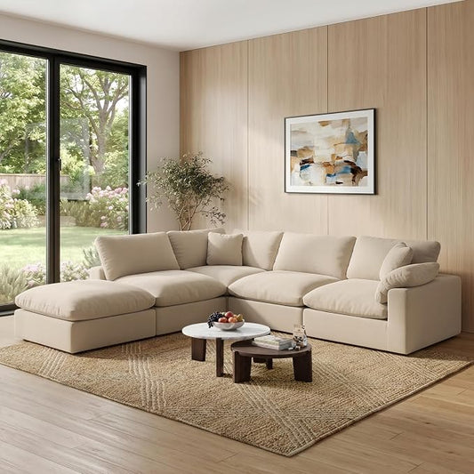 143" Cloud Modular Sectional Sofa,Khaki Down Filled Sofa 4 Seat with Chaise,Minimalist Sofa Cover Washable and Replaceable Couches for Living Room,Sectional Sofa Deep Seat