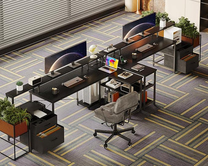ODK 75" L Shaped Desk with File Drawers, Work from Home Office Desk with Power Outlet, Reversible Computer Desk with Storage Shelves, Gaming Desk with Monitor Shelf, Corner WFM Table, Black