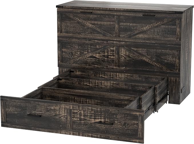 Bellemave Queen Murphy Bed, Cabinet Bed with Charging Station and Storage, Farmhouse Murphy Cabinet with Foldable Panel, Noisy Free, for Guest Bedroom, Living Room, Office, Rustic Gray