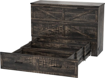 Bellemave Queen Murphy Bed, Cabinet Bed with Charging Station and Storage, Farmhouse Murphy Cabinet with Foldable Panel, Noisy Free, for Guest Bedroom, Living Room, Office, Rustic Gray