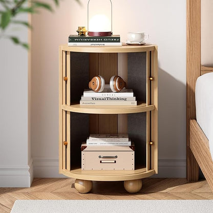 Round Nightstand with Sliding Doors and 2 Storage Shelves, Modern Bedside End Table, Suitable for the Bedroom (Oak)