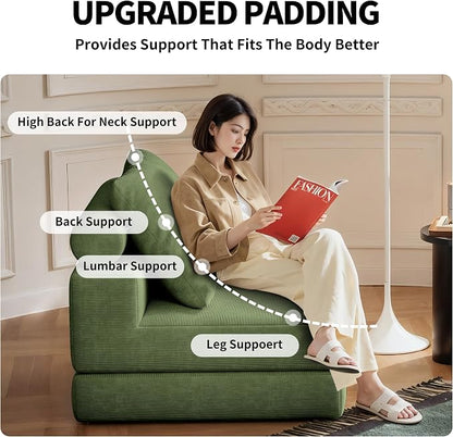 Folding Sofa Bed, 3-in-1 Convertible Sleeper Chair Bed with Pillows, Foldable Floor Couch with High-Density Foam, Futon Small Boneless Couch for Living Room Bedroom Lounge, Single, Green