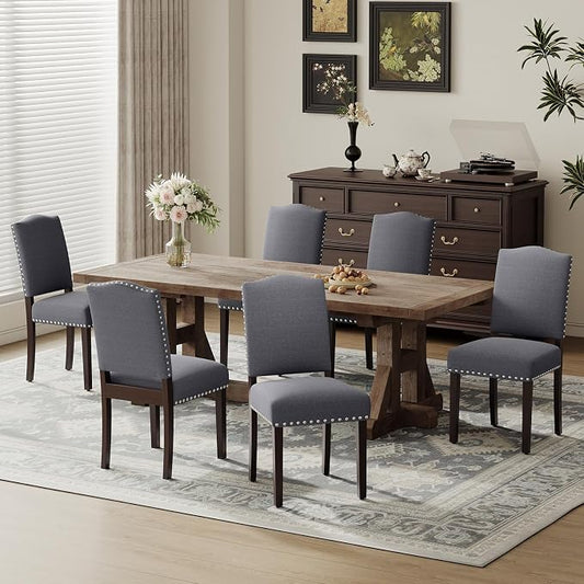 Upholstered Parsons Dining Chairs Set of 6, Modern Dining Room Chairs with Back, Fabric Kitchen Side Chairs with Wood Legs, Nailhead Trim for Dinner Farmhouse Restaurant, Darkgrey