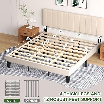 King Size Bed Frame with Headboard, Platform Bed with Soft Velvet Upholstered Headboard | Wooden Slats Support | Adjustable Height | No Box Spring Needed, King Bed Frame Beige