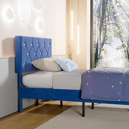 VECELO Twin Size Bed Frame, Upholstered Platform with Adjustable Diamond Tufted Headboard, Wood Slat Support, No Box Spring Needed, Navy Blue