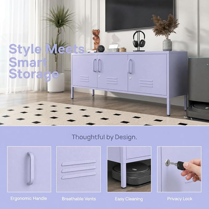 Metal Storage Cabinet with Adjustable Shelves, Wide Lockable TV Stand, Multipurpose Accent Cabinet, Purple Colorful Locker for Home Office Living Room, 22" H x 47.3" x 13.8" D
