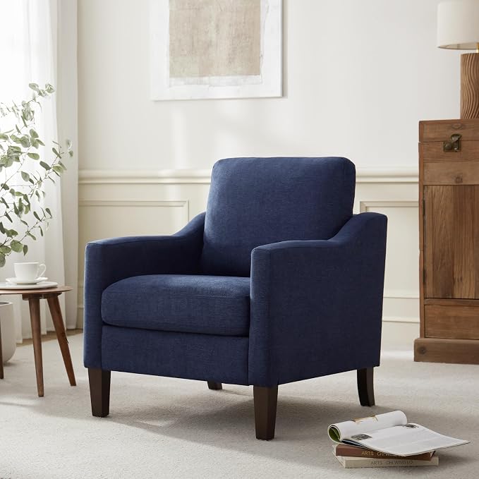 VKNOW Mid Century Modern Accent Chair, Upholstered Living Room Chairs Armchair for Bedroom, Comfy Reading Accent Chairs with Wood Legs for Living Room (1, Navy Blue)