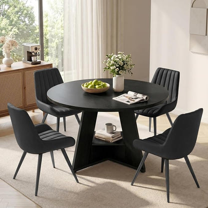 Miereirl 47.3 Inch Round Dining Table Set for 4, Round Kitchen Table with Chairs, Space Saving Dining Room Table Set with Storage Shelf for Apartment Kitchen Dining Room, Black Table+4 Black Chairs
