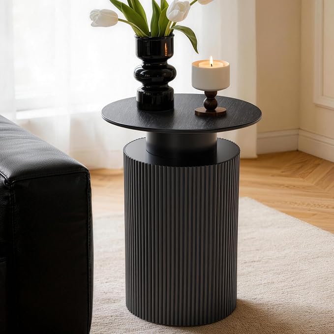 Fluted Side Table with Storage,24" Round Reversible Wood End Table | Mid Century Mdf Wood Bedside Nightstand,End Table for Small Spaces, Bedroom or Living Room